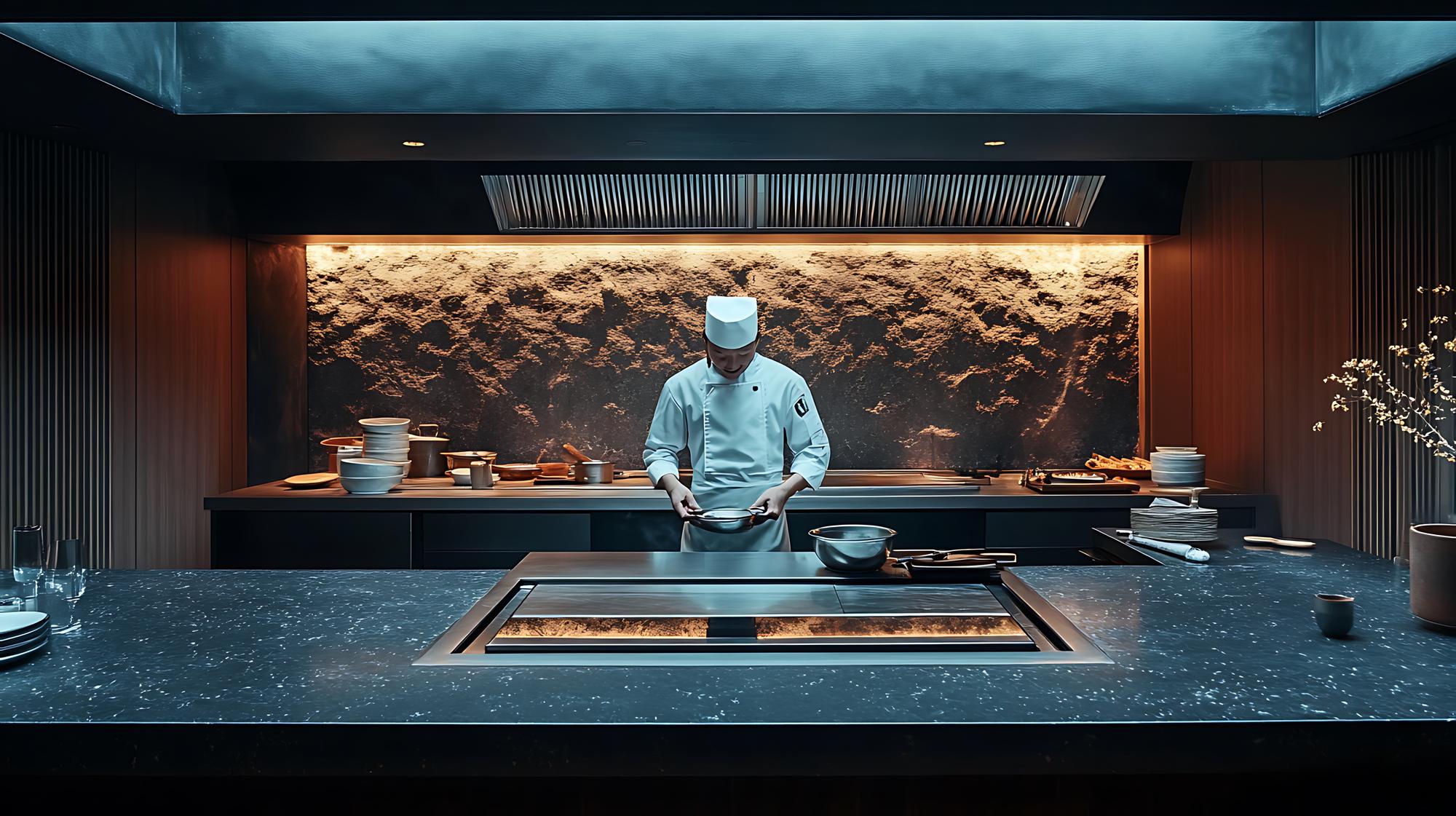 Collaborative kitchen workspace with floating panels style